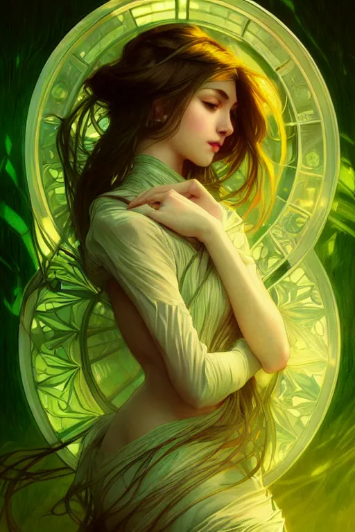 Image similar to greenyellowwhite, dark fantasy, intricate, elegant, highly detailed, digital painting, artstation, concept art, matte, sharp focus, illustration, art by artgerm and alphonse mucha