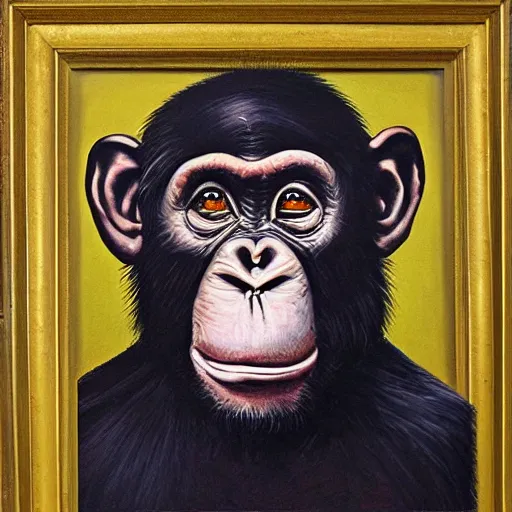 Image similar to portre of an autistic demonic chimpanzee on acid, masonic and kabalistic symbols in background, oil painting