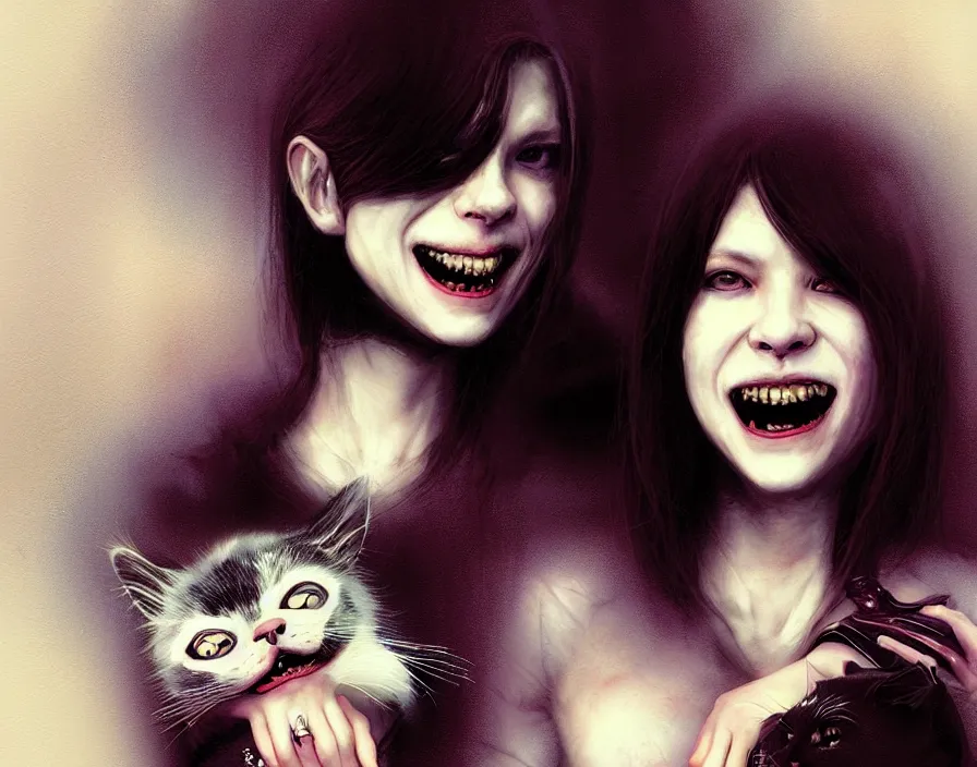 Image similar to portrait of the secretive vampire woman biker loner smiling at her cat, by yoshitaka amano, casey baugh, steve caldwell, gottfried helnwein, yasunari ikenaga, nico tanigawa, and artgerm rendered with 3 d effect.