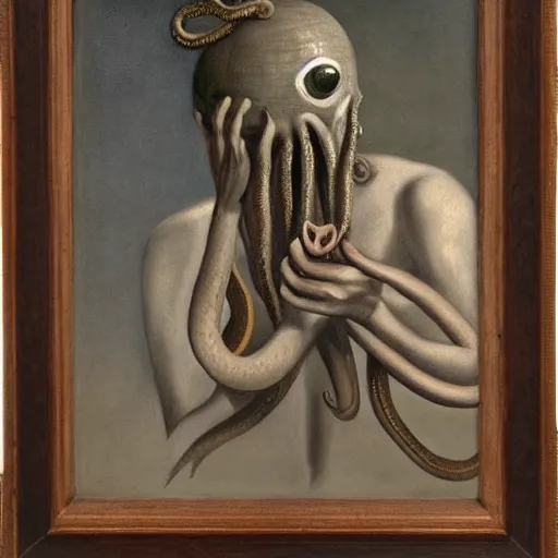 Prompt: weeping man with an octopus on his head, painting, realism