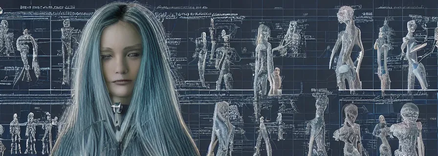 Image similar to very very very beautiful female accompanying global anthropomorphic artificial intelligence, blueprint