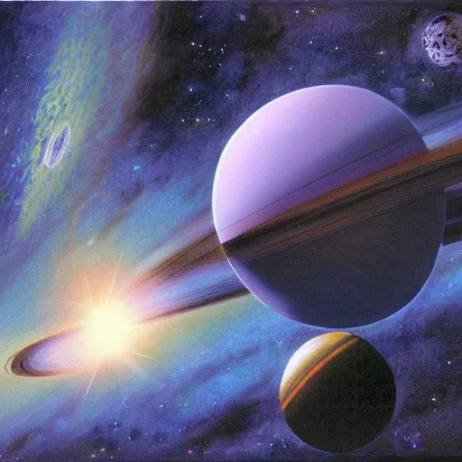 Prompt: Jim Burns art of a spherical spaceship against a dark starscaoe. With a gas giant in the background