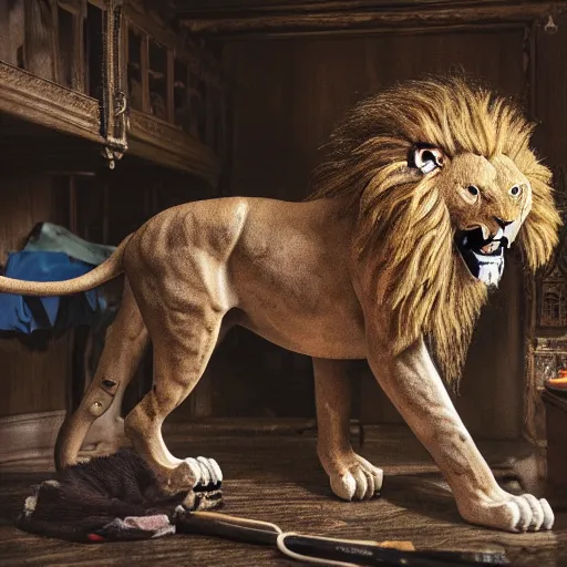 Prompt: photo of a lion beast-man cleaning his room, very detailed, intricantely detailed, psychologist, 55mm photography.