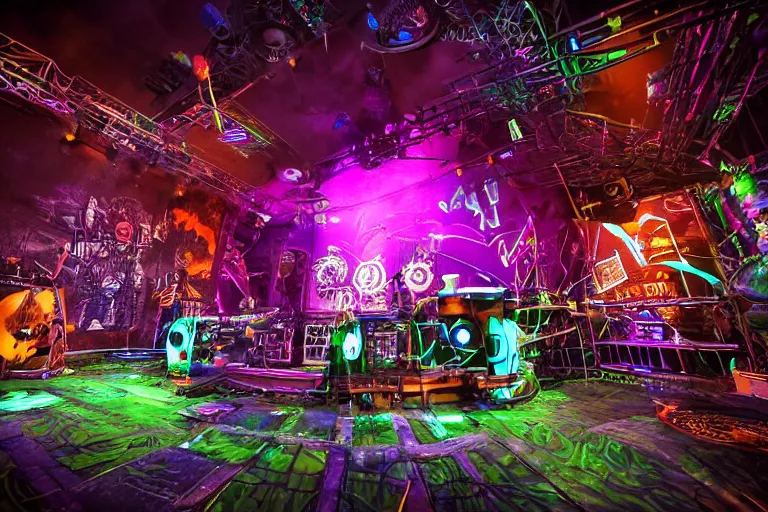 Prompt: an outdoor festival stage with audience, on stage is a rockband with 3 steampunk robots with guitars and drums, center of the stage is a big steampunk generator, laser show, 8 k, fluorescent colors, halluzinogenic, multicolored, exaggerated detailed, unreal engine, 8 0 mm lens