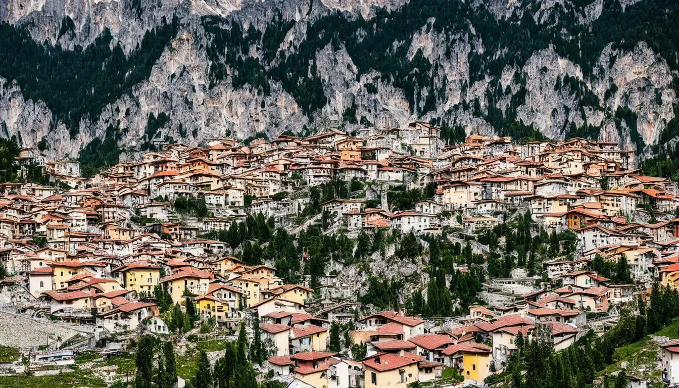 Prompt: an italian town in the dolomites mountains, volcanic eruption