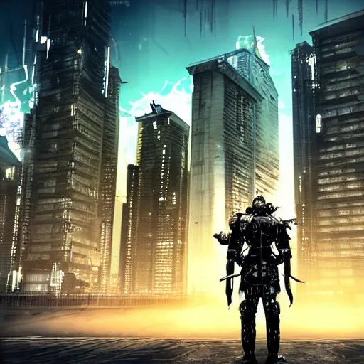 Prompt: photo realistic cyberpunk warrior in front of a city with big sky scrapers