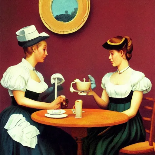 Prompt: a french-maid serves you coffee by Raphael, Hopper, and Rene Magritte. detailed, romantic, enchanting, trending on artstation.