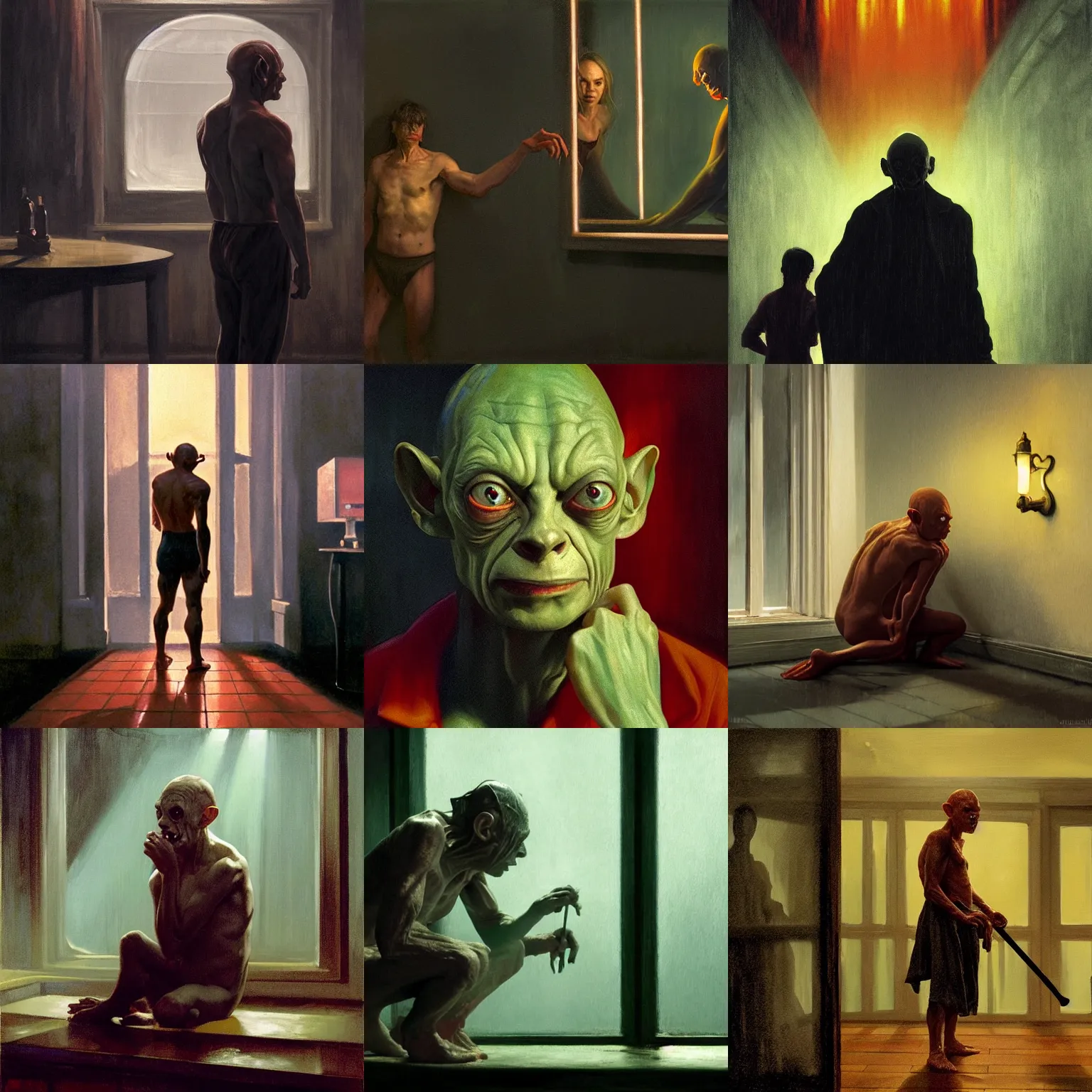 Prompt: Gollum in a slasher film in the world of Edward Hopper, stormy weather, extremely detailed masterpiece, oil on canvas, low-key neon lighting, artstation, Blade Runner 2049, Roger Deakin’s cinematography, by J. C. Leyendecker and Peter Paul Rubens