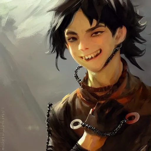 Prompt: a boy with black hair dressed as a demigod with fingerless gloves, pendants, chains and jewelry and a big smile and friendly demeanor. Concept art. Trending on Artstation. By Ilya Repin, Meyoco