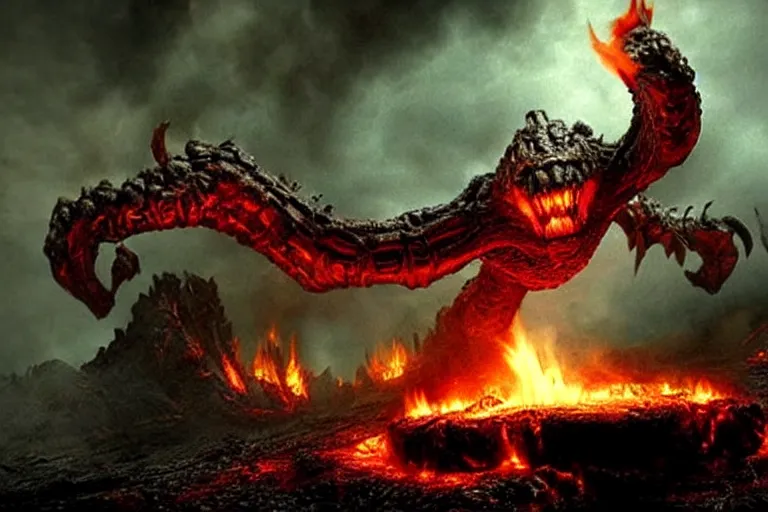 Image similar to movie still, enormous balrog roaring fire at the bridge of khazad - dum, style of h. r. giger, fiery, dark, realistic movie still, cinematic, cgi,