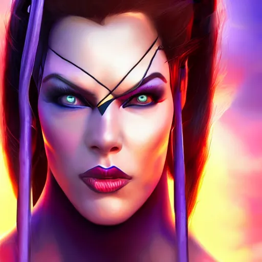 Image similar to a screenshot of arnold schwarzenegger as widowmaker in overwatch, portrait, fantasy, beautiful face, vivid colors, elegant, concept art, sharp focus, digital art, hyper - realistic, 4 k, unreal engine, highly detailed, hd, dramatic lighting by brom, trending on artstation