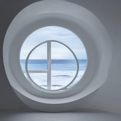 Image similar to white zen clean modern minimalist white room with large circular window with ocean view, frozen and covered in ice, by peter tarka in an ivory room well contoured smooth fair walls, up close shot, sharp focus, zen, clean, modern minimalist, zaha hadid octane highly render, 4 k, ultra hd,