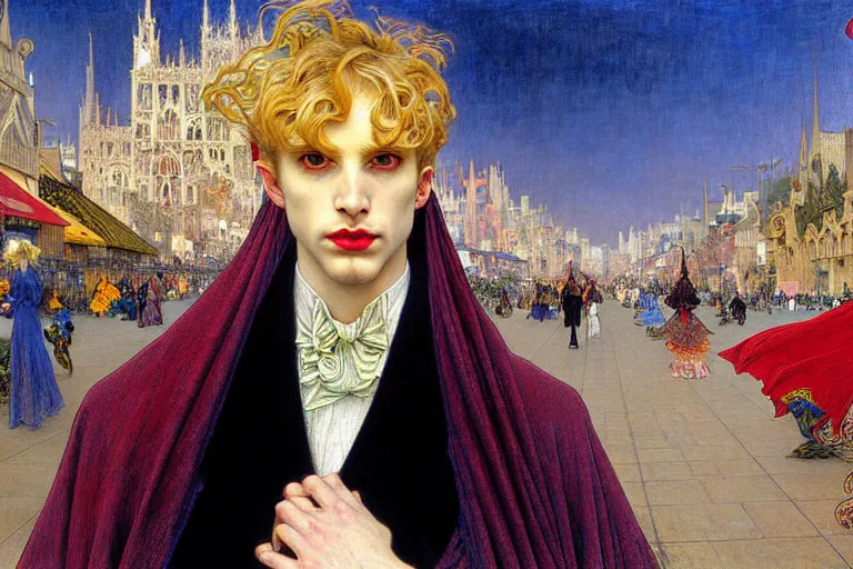 Image similar to realistic extremely detailed closeup portrait painting of an elegant blond male vampire in a cape, detailed crowded city street on background by Jean Delville, Amano, Yves Tanguy, Ilya Repin, Alphonse Mucha, William Holman Hunt, Ernst Haeckel, Edward Robert Hughes, Roger Dean, rich moody colours