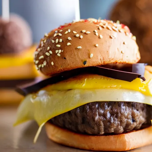 Prompt: closeup photo of most delicious cheeseburger with chocolate truffles inside