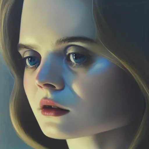 Image similar to Elle Fanning wearing black shades in the style of Paola Vetri, head and shoulders portrait, stormy weather, extremely detailed masterpiece, oil on canvas, low-key neon lighting, artstation, Blade Runner 2049, Roger Deakin’s cinematography, by J. C. Leyendecker and Peter Paul Rubens and Edward Hopper and Michael Sowa,