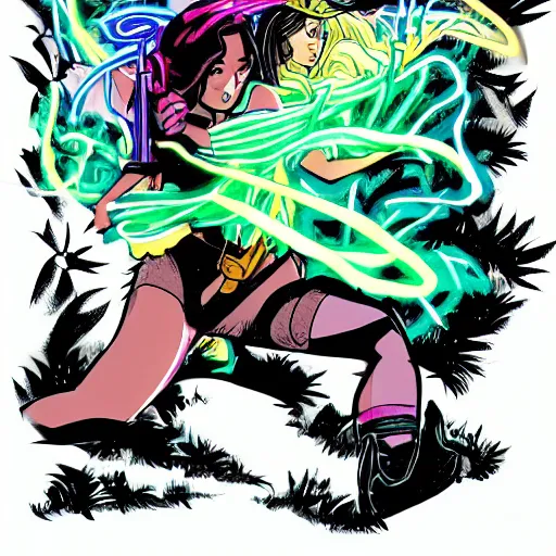 Image similar to comic book cover of a ( woman with long hair swinging ( neon sword ) ) and ( soldier with ( glowing gloves and boots ) ) fighting a ( shadow demon creature ) in a forest, illustration, studio ghibli, inked, epic, fantasy, professional