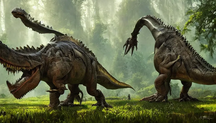 Image similar to A machinated dinosaur hybrid of a BEHEMOTH strolling along a lush green forest from the playstation 5 game Horizon:Zero Dawn world, the T-Rex is part machine part dinosaur, sci-fi concept art, highly detailed, oil on canvas by James Gurney