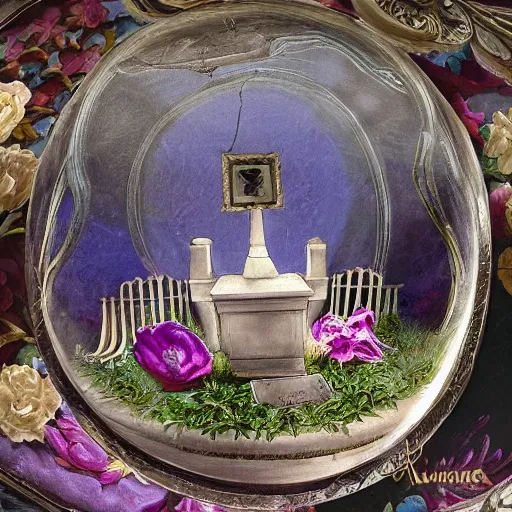 Prompt: a still life painting of a miniature tabletop cemetery under an ornate glass dome, by paulette tavormina and janet fish, on a sumptuous tablecloth, extremely detailed, dramatic lighting, smooth sharp focus