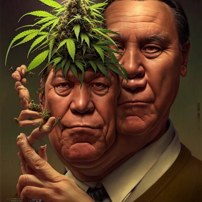 Image similar to a portrait of a cannabis devil premier francois legault in 2 0 2 1 illustrated by miyazaki by karol bak, james jean, tom bagshaw, rococo, sharp focus, trending on artstation, cinematic lighting, hyper realism, octane render, 8 k, hyper detailed, vivid, ultra detailed, highly detailed