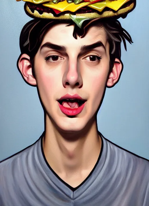 Prompt: oil painting, teenage jughead jones, wears a light grey crown, and devours a hamburger, wearing a light grey crown, intricate, elegant, closed eyes, highly detailed, pinocchio nose, lighting, painting, artstation, smooth, illustration, art by greg rutowski and alphonse mucha