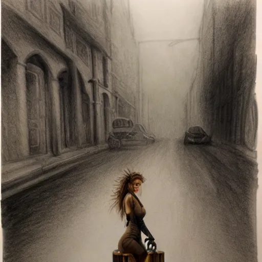 Image similar to hyper realistic full body pencil drawing of a woman steampunk facing the camera, standing on a road, water color, detailed, diffused, intricate,