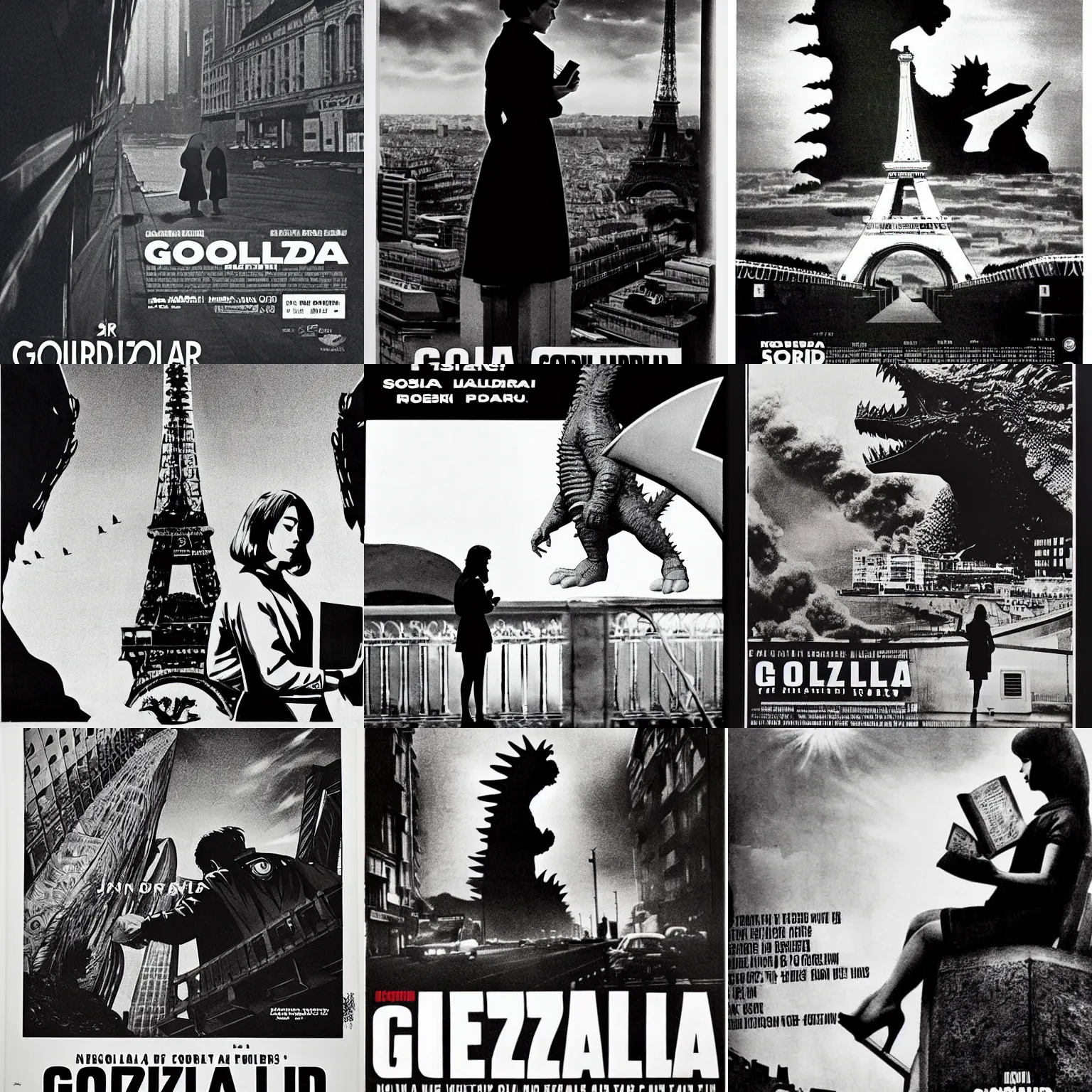 Prompt: poster of the godzilla movie by jean luc godard ( 1 9 6 5 ), showing godzilla with a beautiful woman reading a book in front of paris. black and white, nouvelle vague style.