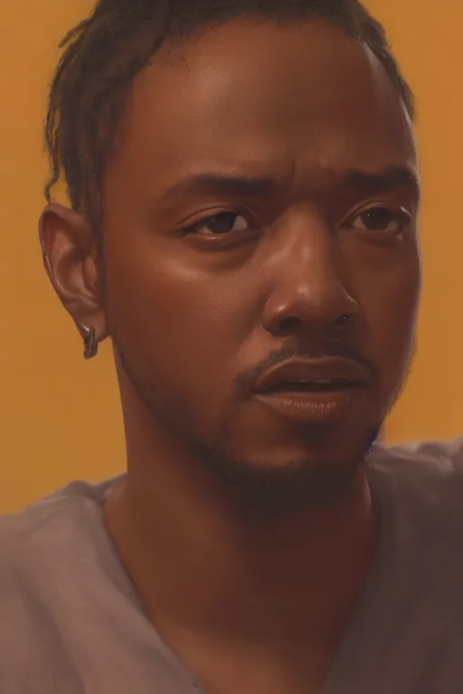 Prompt: Kendrick Lamar, oil on canvas, artstation, by Basquiat, J. C. Leyendecker and Edmund Blair Leighton and Charlie Bowater, octane render