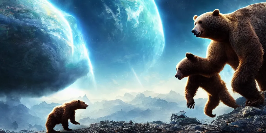 Prompt: Earth being destroyed by a planet sized bear, realistic 4k octane beautifully detailed render, 4k post-processing, highly detailed, intricate complexity, epic composition, magical atmosphere, cinematic lighting, masterpiece, ultra hd