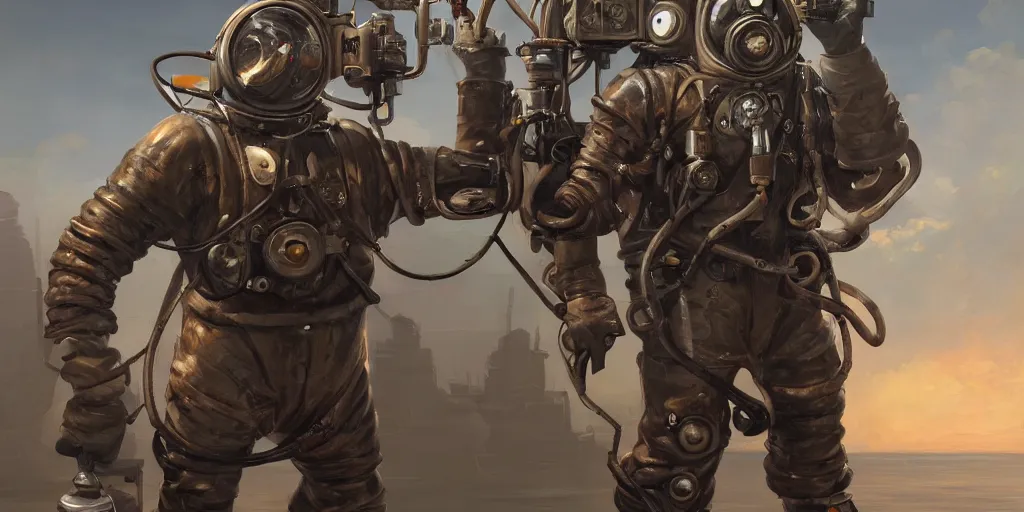 Image similar to highly detailed portrait painting of welder in atmospheric diving suit, mono eyed, by eddie mendoza and tyler edlin, windows, 8 k resolution