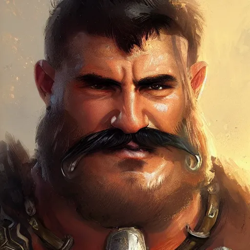 Image similar to portrait old barbarian warrior with big trucker mustache and short hair, 8 k, trending on art station, by tooth wu and greg rutkowski