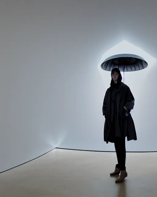 Image similar to Zara raincoat in a deluge set lit with recursive refraction, light installation by James Turrell —mp