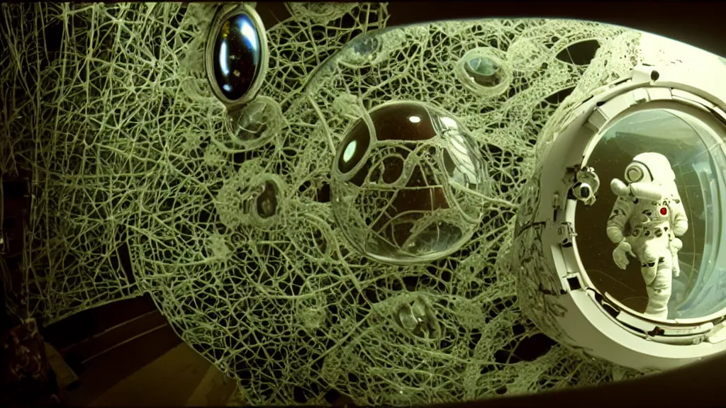 Image similar to a cybernetic symbiosis of a single astronaut eva suit swimming in infected with diamond 3d fractal lace iridescent bubble 3d skin covered with insectoid compound eye camera lenses floats through the living room, film still from the movie directed by Denis Villeneuve with art direction by Salvador Dalí, wide lens,