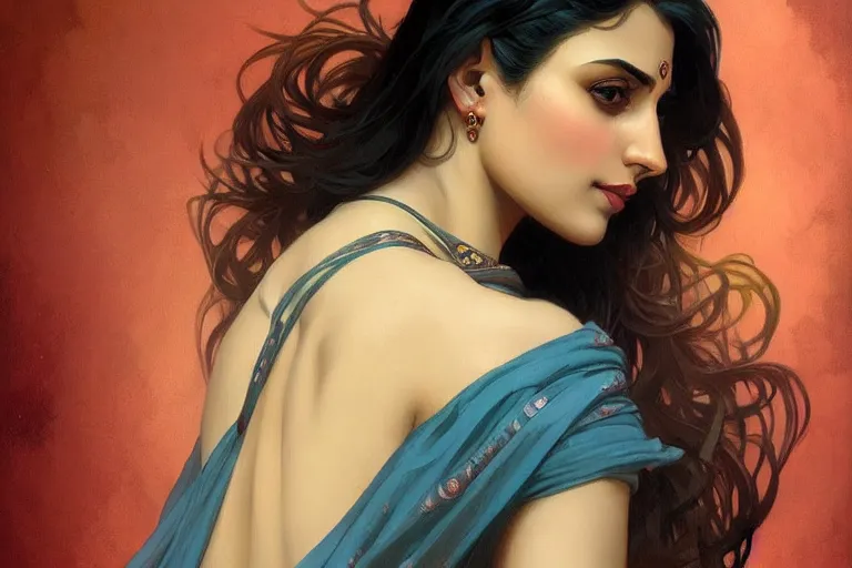 Image similar to sensual pale beautiful indian doctor in jeans, art deco portrait, elegant, intricate, digital painting, artstation, concept art, smooth, sharp focus, illustration, art by artgerm and greg rutkowski and alphonse mucha