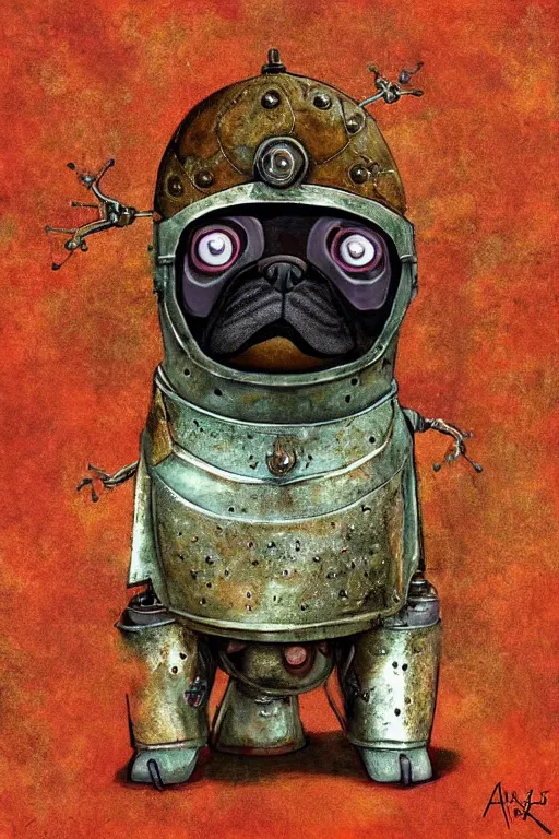 Prompt: medieval cute robot pug dog wearing a rusty suit of armor, fairytale, magic realism, gritty fantasy, vivid colors, by andy kehoe, amanda clarke