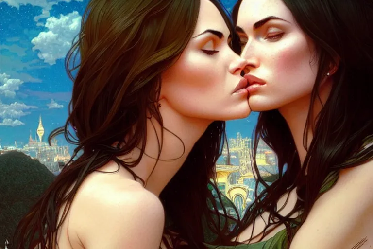 Image similar to portrait of megan fox kisses with a blonde woman, lesbian kiss, intricate, headshot, highly detailed, digital painting, artstation, concept art, sharp focus, cinematic lighting, illustration, art by artgerm and greg rutkowski, alphonse mucha, cgsociety