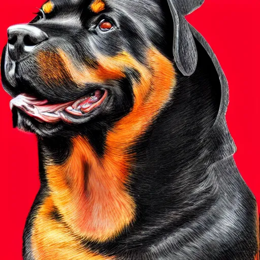 Prompt: Rottweiler wearing a red hoodie, digital art