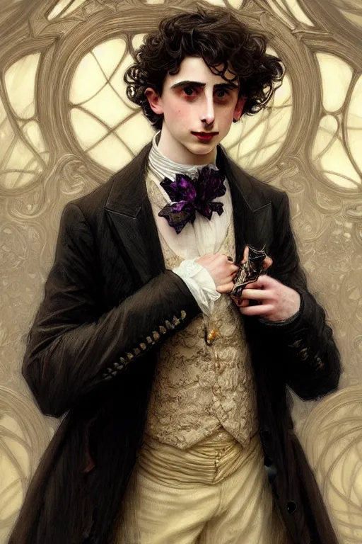 Prompt: Timothée Chalamet dressed in Victorian fashion, D&D, fantasy, intricate, elegant, highly detailed, digital painting, artstation, concept art, matte, sharp focus, illustration, art by Artgerm and Greg Rutkowski and Alphonse Mucha