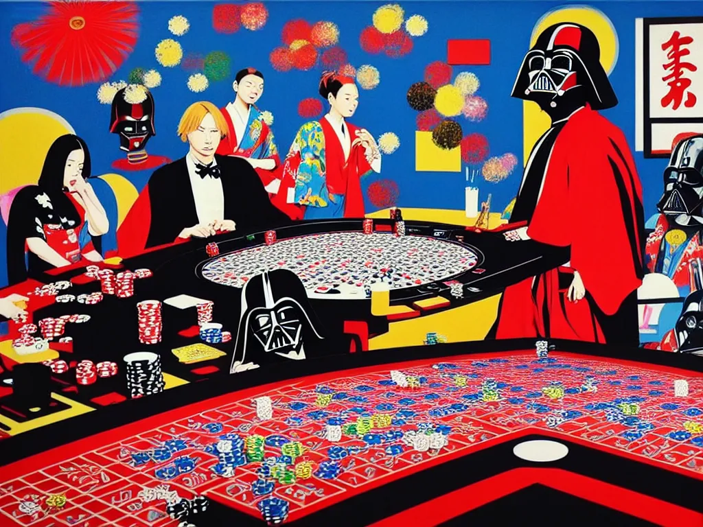 Image similar to hyper - realistic composition of a room with an extremely detailed poker table, woman in traditional japanese kimono standing nearby, darth vader sitting at the table, fireworks in the background, pop art style, jackie tsai style, andy warhol style, acrylic on canvas, dull palette