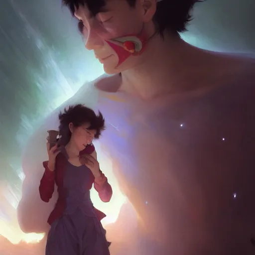 Image similar to A man drinking a cup of cosmic energy bright light, illustration by Ruan Jia and Mandy Jurgens and William-Adolphe Bouguereau, Artgerm, 4k, digital art, surreal, anime style, space dandy style, highly detailed, godsend, artstation, digital painting, concept art, smooth, sharp focus, illustration by Ruan Jia and Mandy Jurgens and William-Adolphe Bouguereau, Artgerm