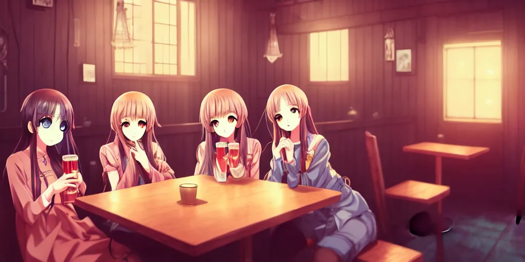 Prompt: anime girls sitting and drinking in a cozy bar, volumetric lighting, symmetrical face, detailed face, hyper real, pencil art, moody lighting, cute, comfy, warm colors, intricate detail, detailed furniture
