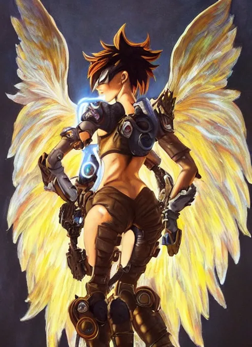 Image similar to full body oil painting of tracer overwatch in the style of frank frazetta, angel wings, dramatic painting, symmetrical composition, ornate, golden chains, silky garment, high detail, gold detailed collar!!!!!, blooming, angelic, lights, flowers, heavenly, bright, detailed face,