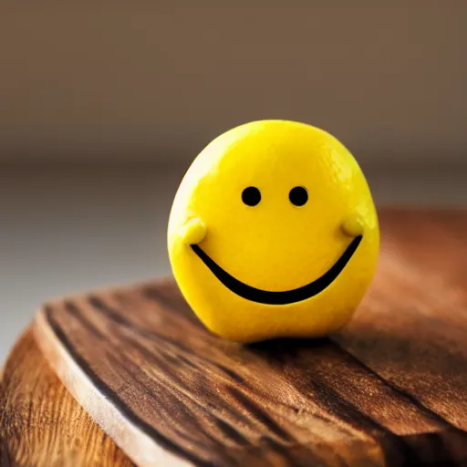 Prompt: 3d render of a lemon smiling on a wooden cutting board, bokeh