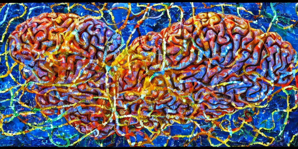 Prompt: a big human brain a chain, collage, acrylic on canvas, expressionism movement, breathtaking detailed, by blake neubert