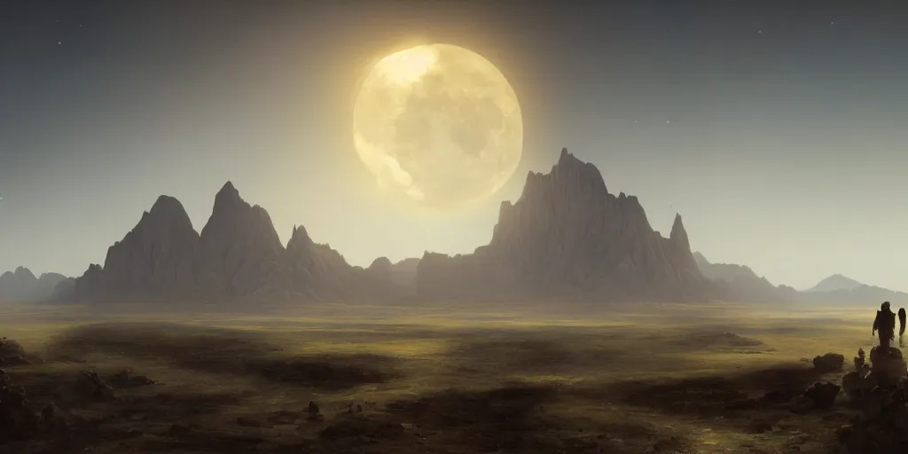 Prompt: a beautiful hyper realistic detailed matte painting of a moon exploding over a landscape with a dull plains with a black colossus god walking in the foreground and mountains in the background at early evening, by john howe and greg rutkowski and albert bierstadt, unreal engine, trending on artstation, barometric projection, rectilinear, f 8