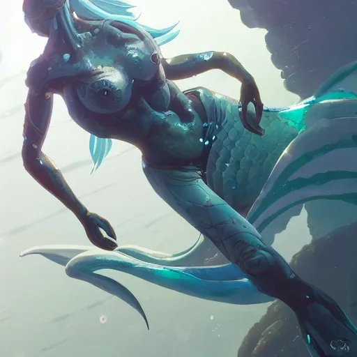 Image similar to mermaid cyborg, realistic, detailed, cel shaded, in the style of makoto shinkai and greg rutkowski and james gurney