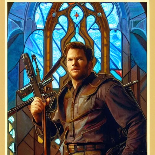 Prompt: Chris Pratt Preaching with an assault rifle at cathedral pulpit. Epic painting by James Gurney, Azamat Khairov, and Alphonso Mucha. ArtstationHQ. painting with Vivid color.