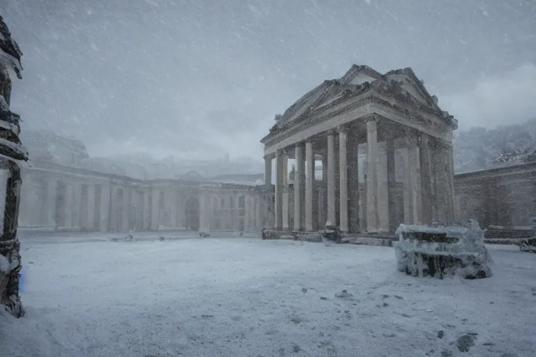 Prompt: a landscape with palace, a very windy and cold place, everything is made out of ice, snowing, cinematic lighting