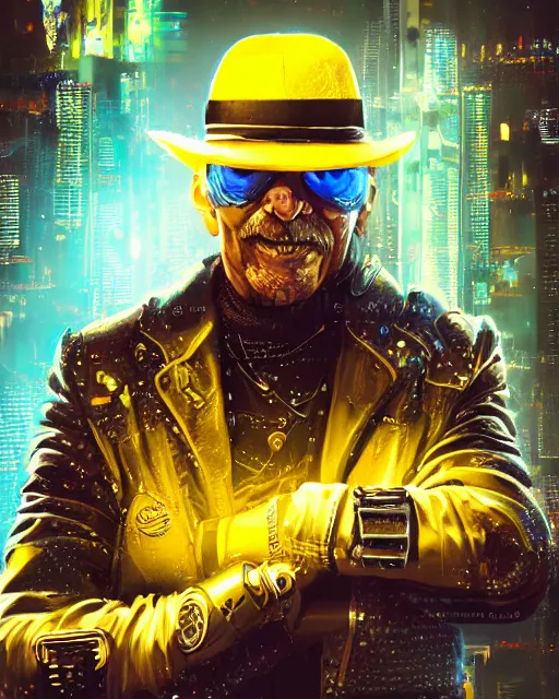 Prompt: an intimate portrait of a gnarly human cyberpunk captain, old skin, faded fedora, charming, strong leader, metal eye piece, a look of cunning, big smile, detailed matte fantasy painting, golden cityscape, lasers, sparks, yellow and blue and cyan