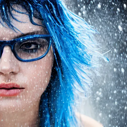 Image similar to highly detailed portrait of pretty lady with shifting shades of blue hair standing in a downpour, 4k resolution