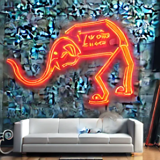 Image similar to a neon elephant yoda, placed in a large living room, art designers magazine HD photo superrealism 3d 8k resolution